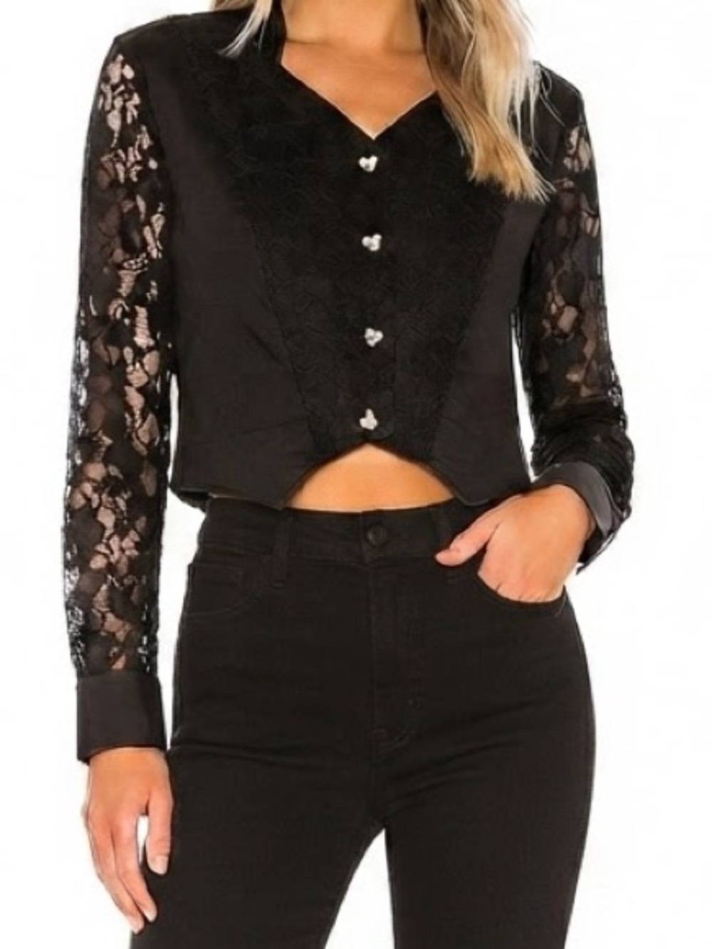 Vintage Black Lace Western Top With Heart Buttons